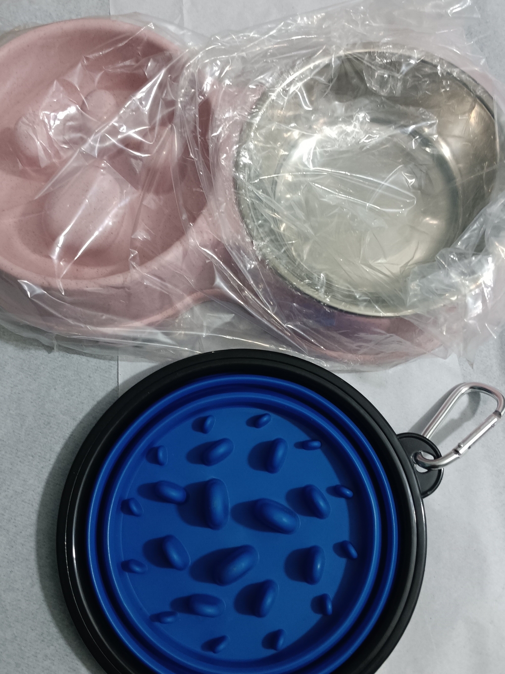 Portable Collapsible Pet Bowl Set with Stainless Insert Slow Feeder Pink/Blue